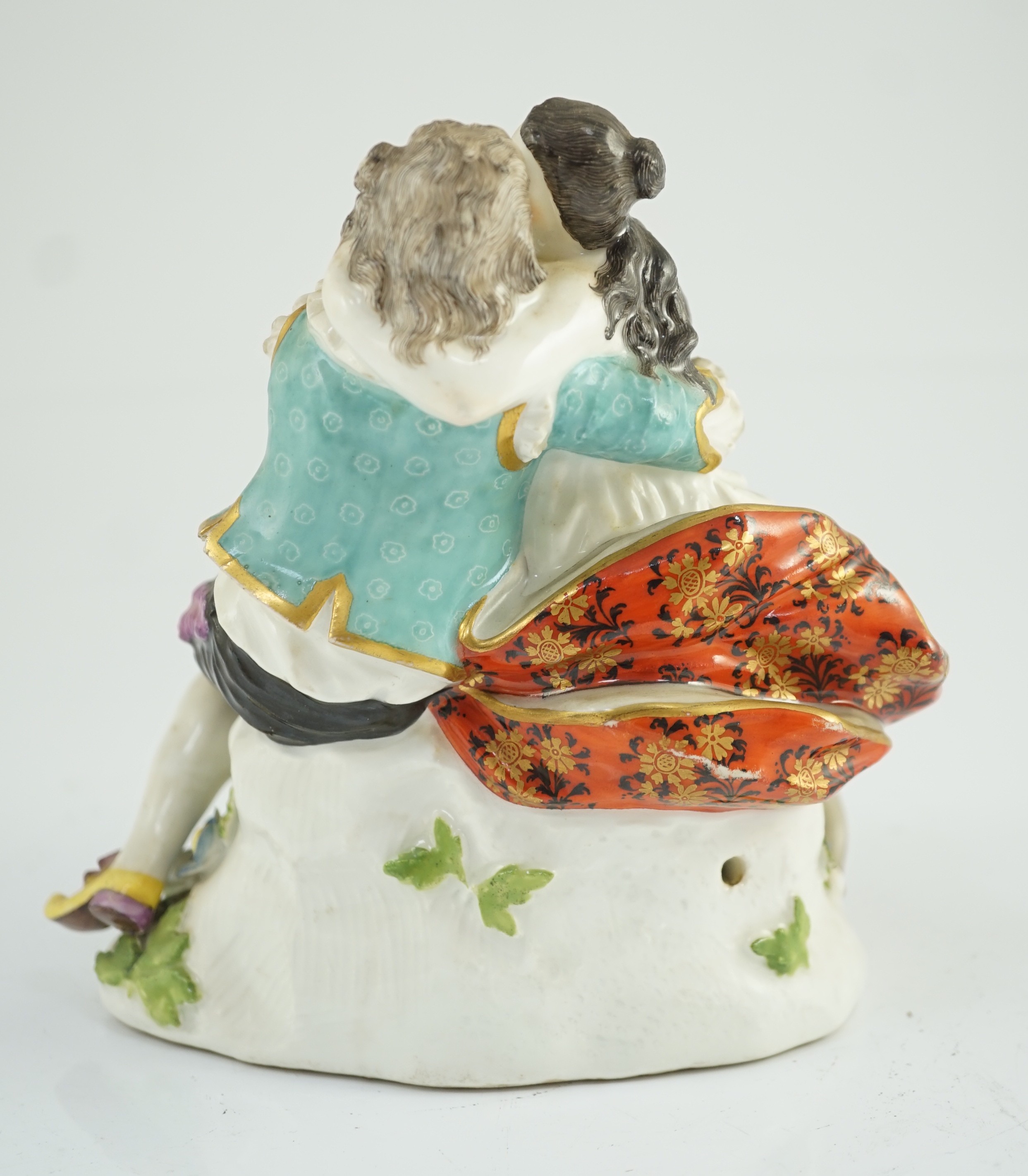 A Meissen porcelain group of lovers, c.1740, 13cm high, restored leg, Provenance - purchased from Winifred Williams, Eastbourne/London before 1970.